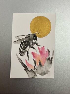 Original honeybee painting bee art miniature realism sumi-e style artwork